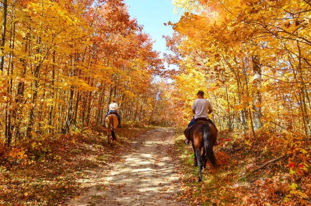 People horseback riding through Lake George fall colors