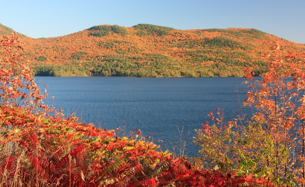 View of Lake George and mountains during fall