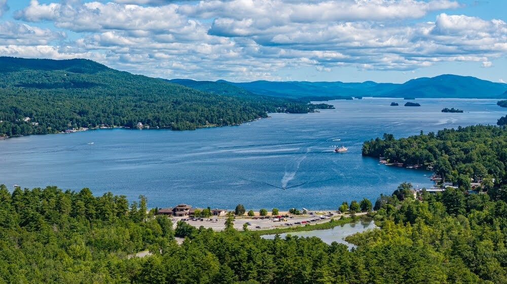 Aerial view of Lake George and the Adirondack Mountains during summer