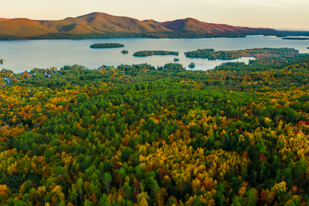 Aerial view of Lake George and the Adirondacks during fall